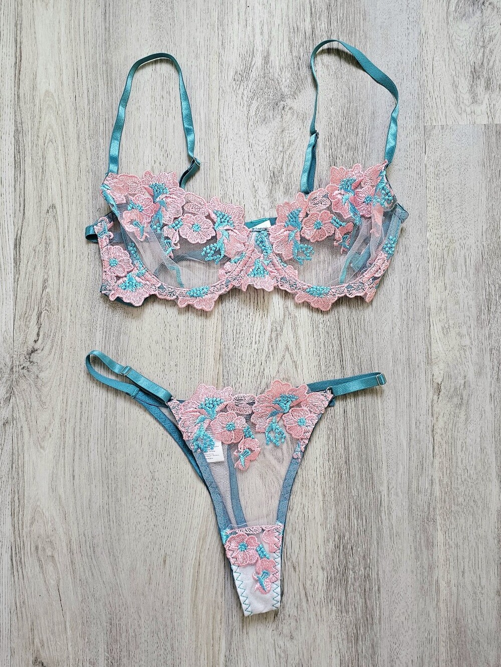 New Cotton Candy Floral Lace Appliqùe Sheer Thong Lingerie Set